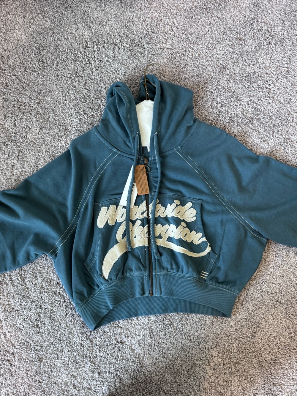 Urban Outfitters Teal Zip Hoodie with Cream Script - Picture 1 of 4
